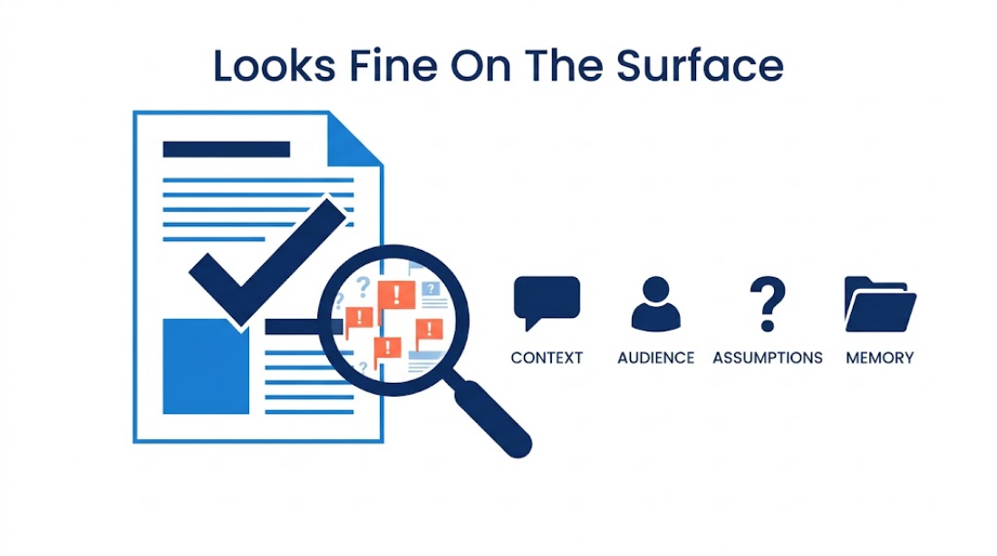 Illustration showing how AI mistakes can look fine on the surface but hide blind spots in context, audience, assumptions, and organizational memory