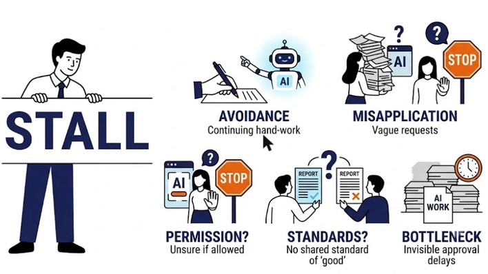 Five warning signs that distinguish a genuine AI skills gap from other adoption barriers: avoidance, misapplication, permission uncertainty, no shared standard, and invisible bottleneck
